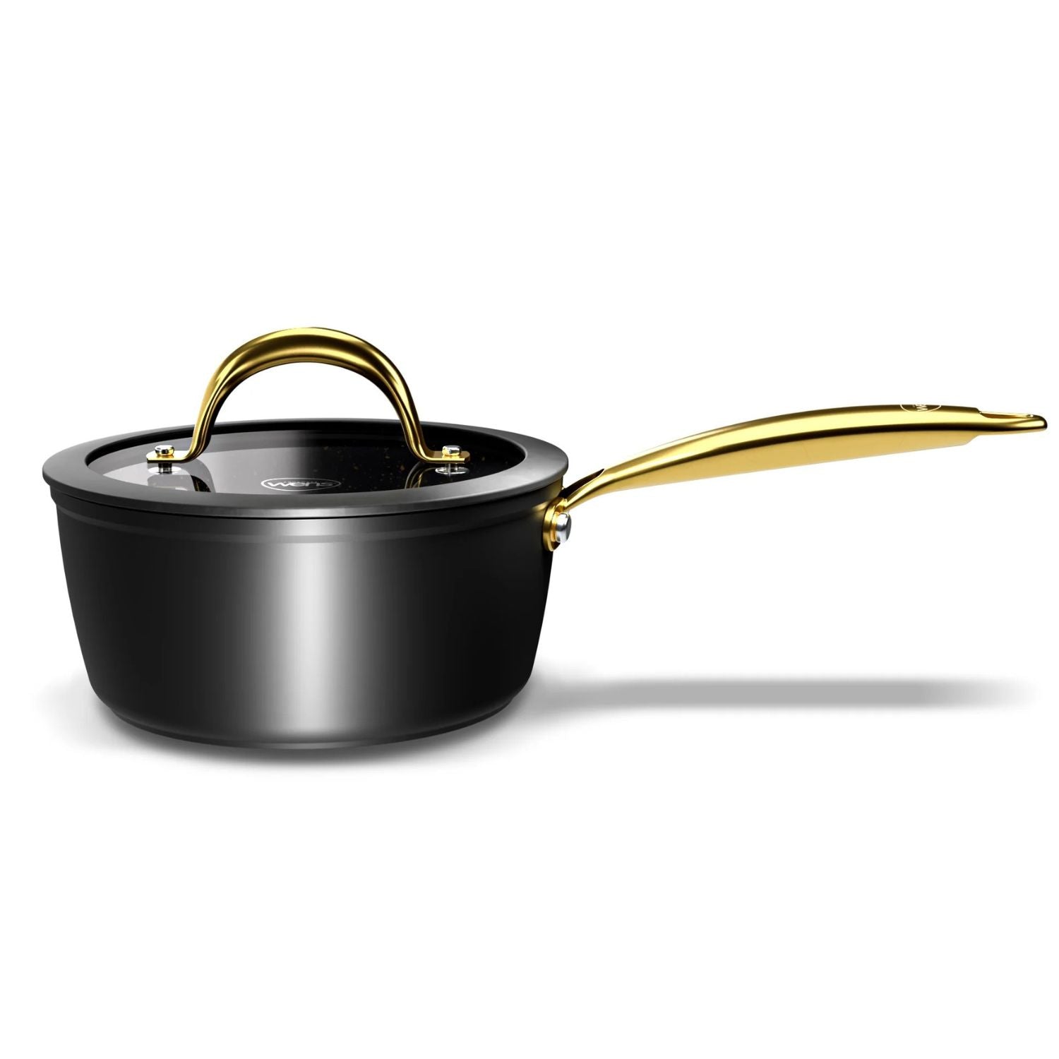 Batería de cocina Wens Golden Series, 7 piezas de aluminio forjado negro con incrustaciones doradas y recubrimiento antiadherente Pfluon.-1-4-1-1