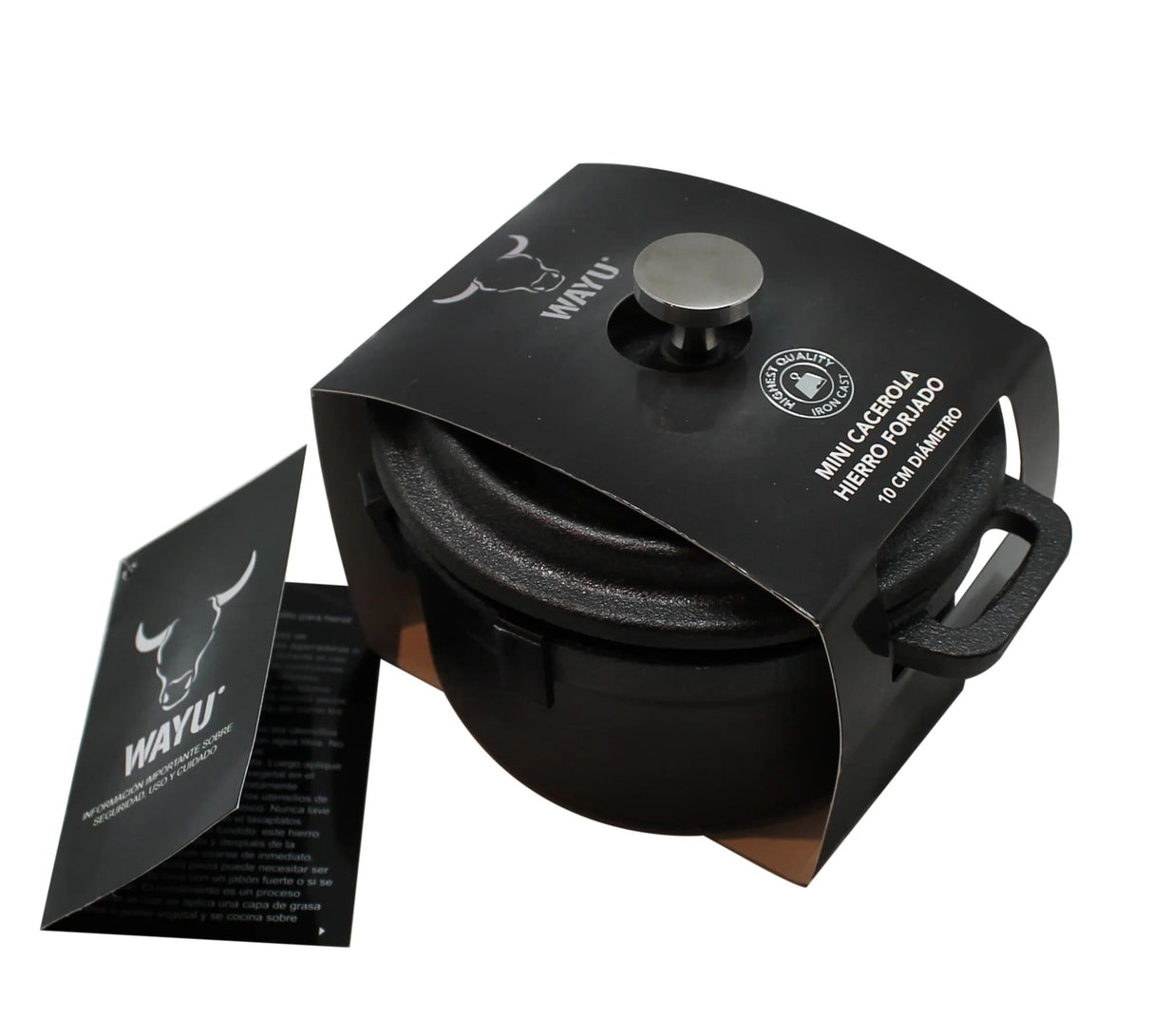 Mini olla cacerola Wayu de hierro fundido, 10 cm, color oscuro, ideal para guisos y presentación en mesa, resistente hasta 537°C.-1-4-1-1