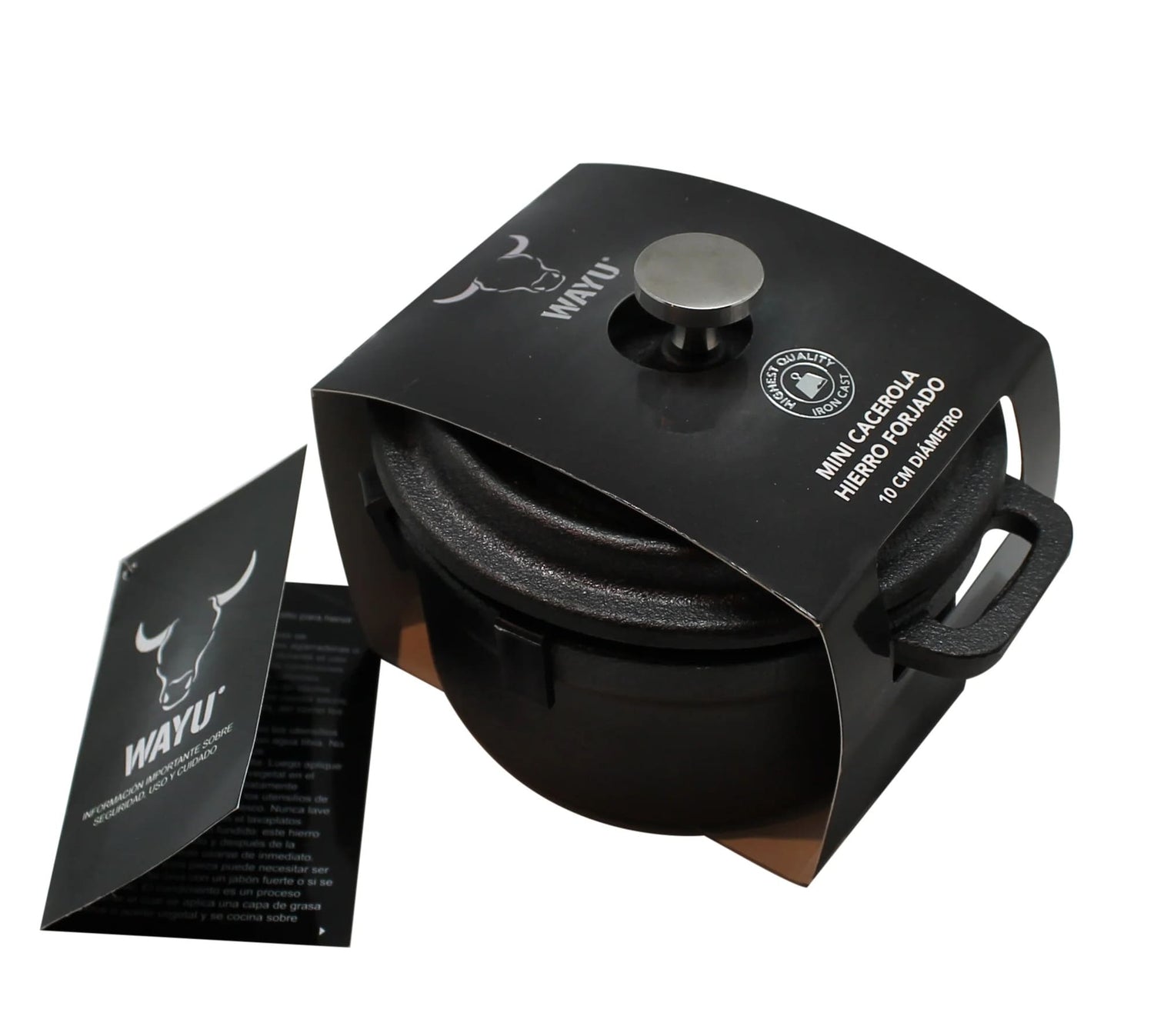 Mini olla cacerola Wayu de hierro fundido, 10 cm, color oscuro, ideal para guisos y presentación en mesa, resistente hasta 537°C.-1-4-1-1