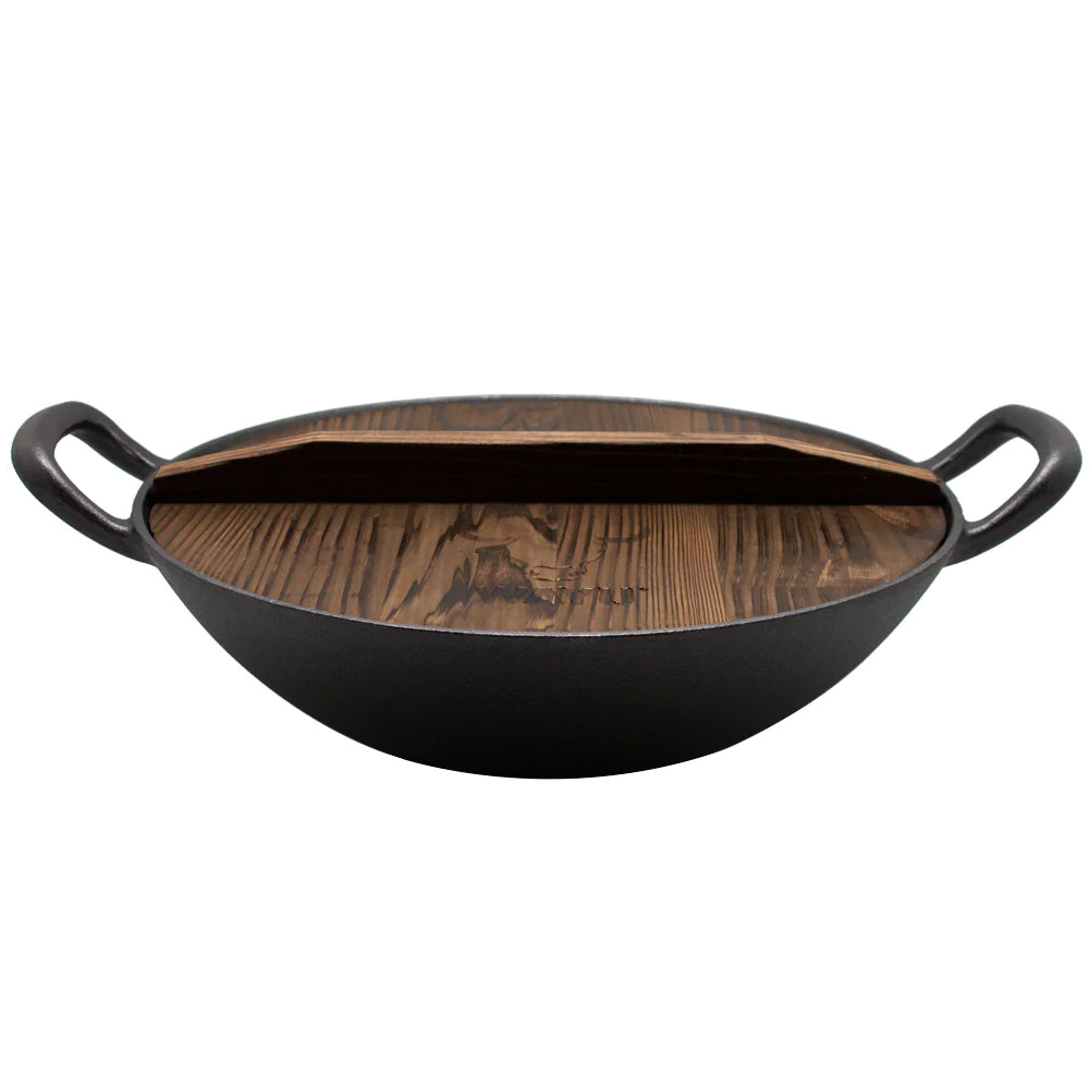 Wok Hierro Fundido con Tapa Madera Cocina Wayu