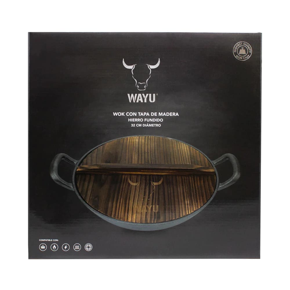 Wok Hierro Fundido con Tapa Madera Cocina Wayu