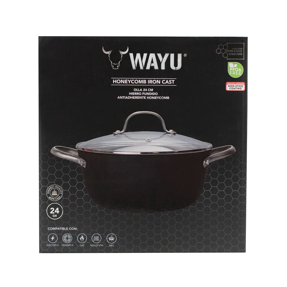 Olla 24Cm con Tapa De Vidrio Iron Cast Honeycomb Wayu Cocina