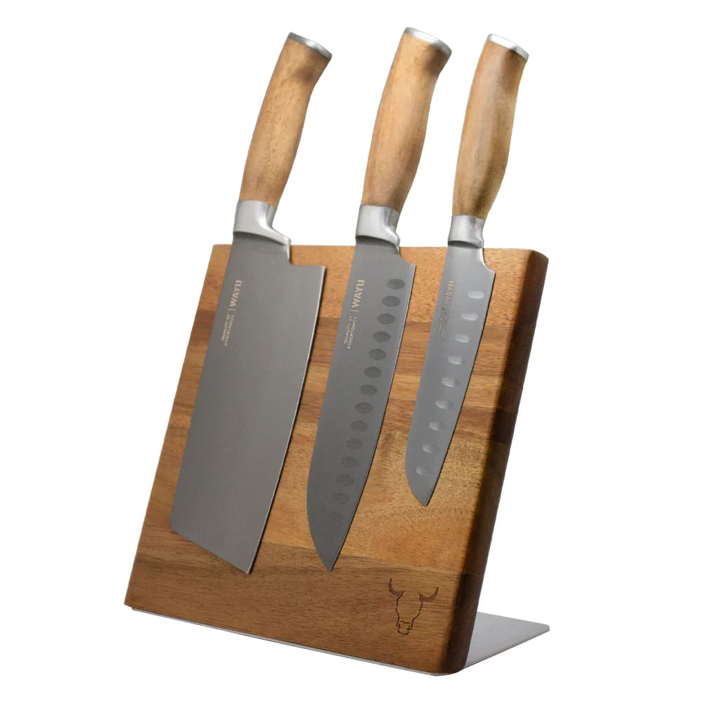 Set 3 Cuchillos con Block Magnetico Madera Acacia Wayu