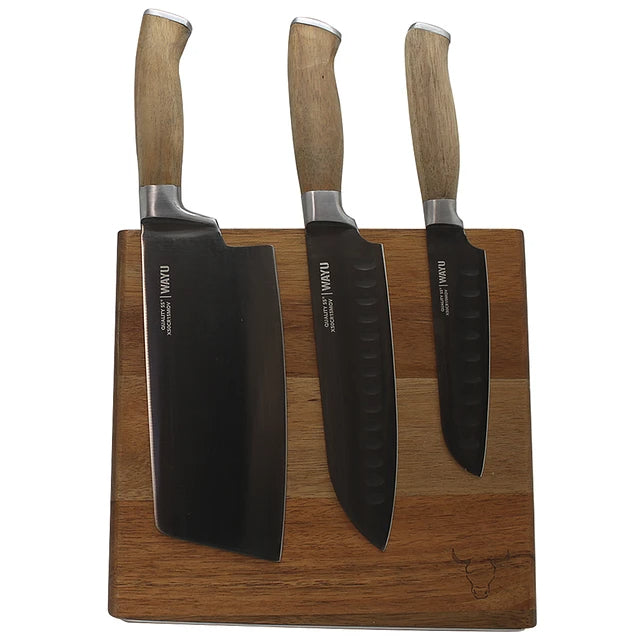 Set 3 Cuchillos con Block Magnetico Madera Acacia Wayu