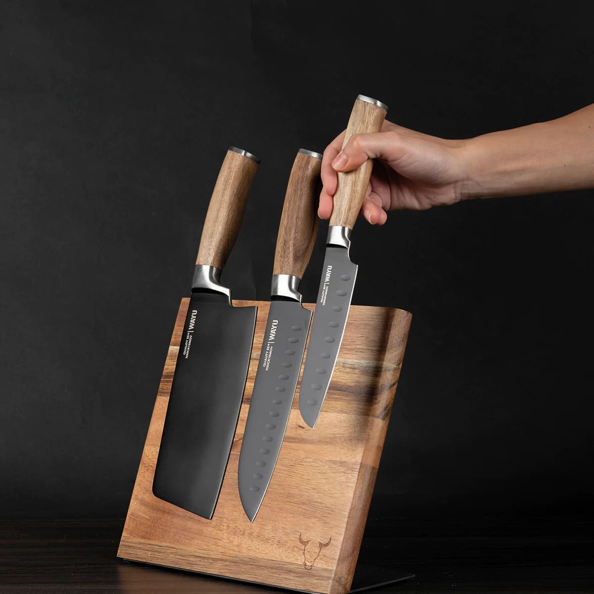 Set 3 Cuchillos con Block Magnetico Madera Acacia Wayu