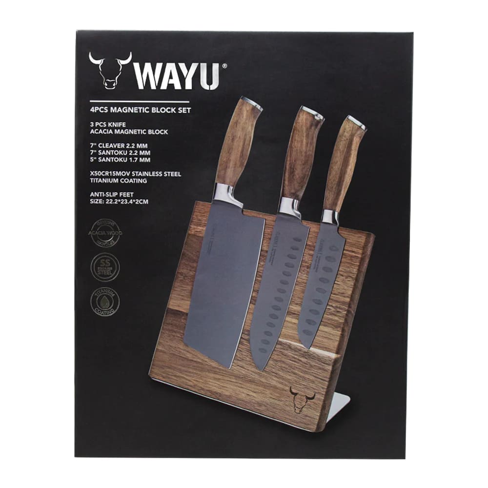 Set 3 Cuchillos con Block Magnetico Madera Acacia Wayu