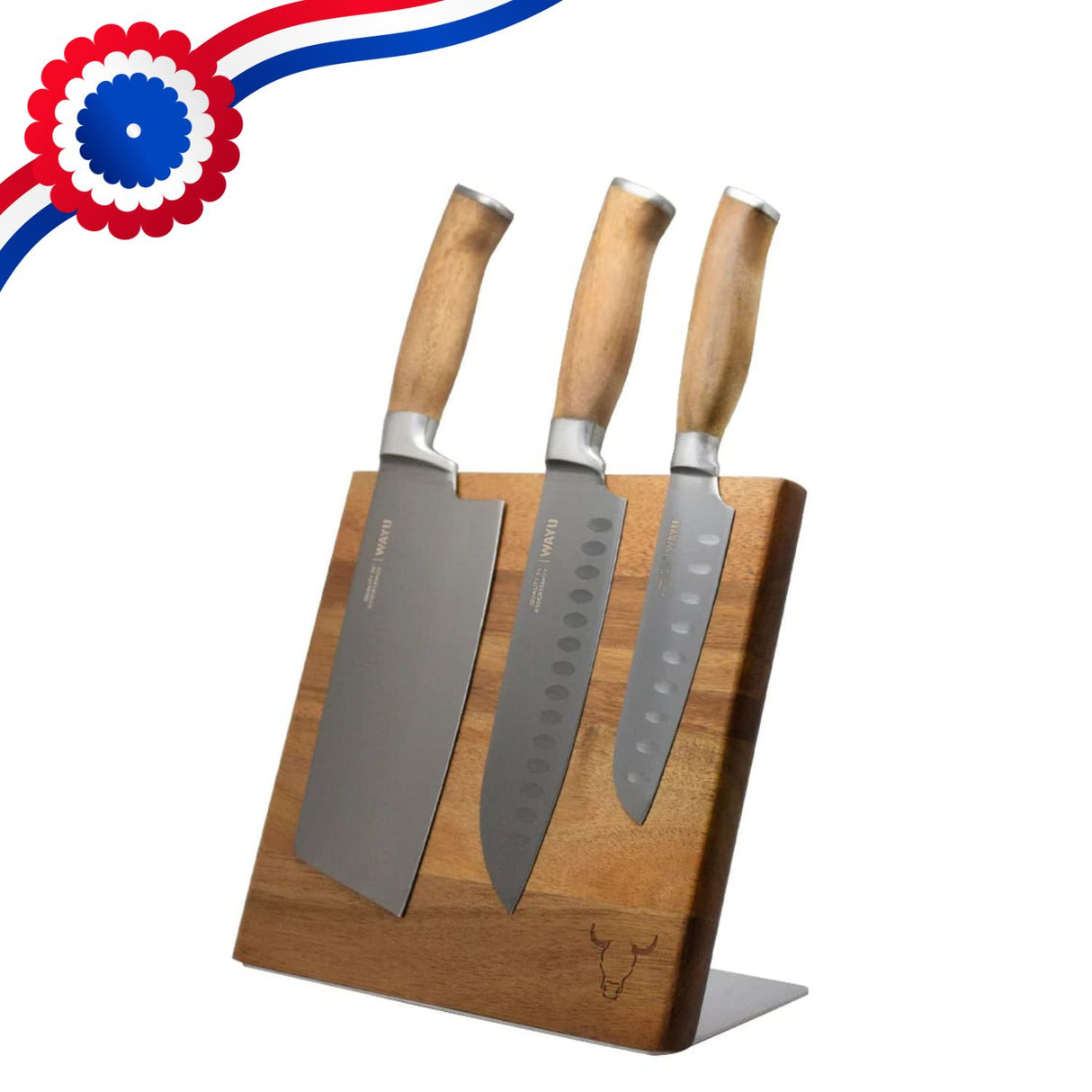 Set 3 Cuchillos con Block Magnetico Madera Acacia Wayu