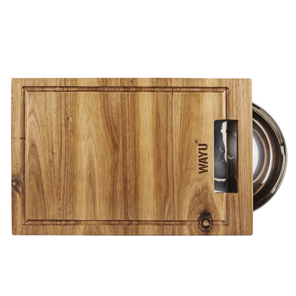 Tabla de Madera Acacia con Bowl de Acero Circular Wayu Cocina. Disfruta de su diseño elegante y funcionalidad. ¡Haz tu cocina más práctica hoy!-1