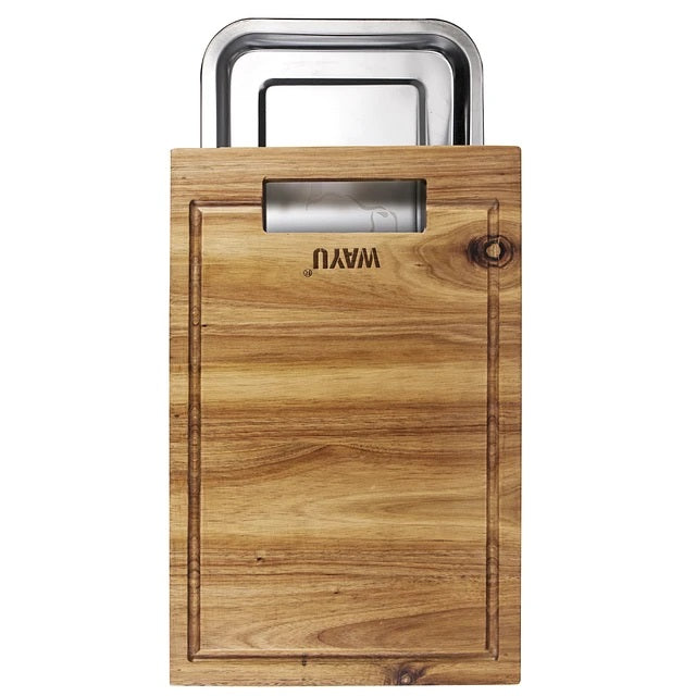 Tabla de Madera Acacia Wayu Con Bandeja de Acero Rectangular: Disfruta de una experiencia única. ¡Haz tu compra ahora y transforma tu cocina!-1