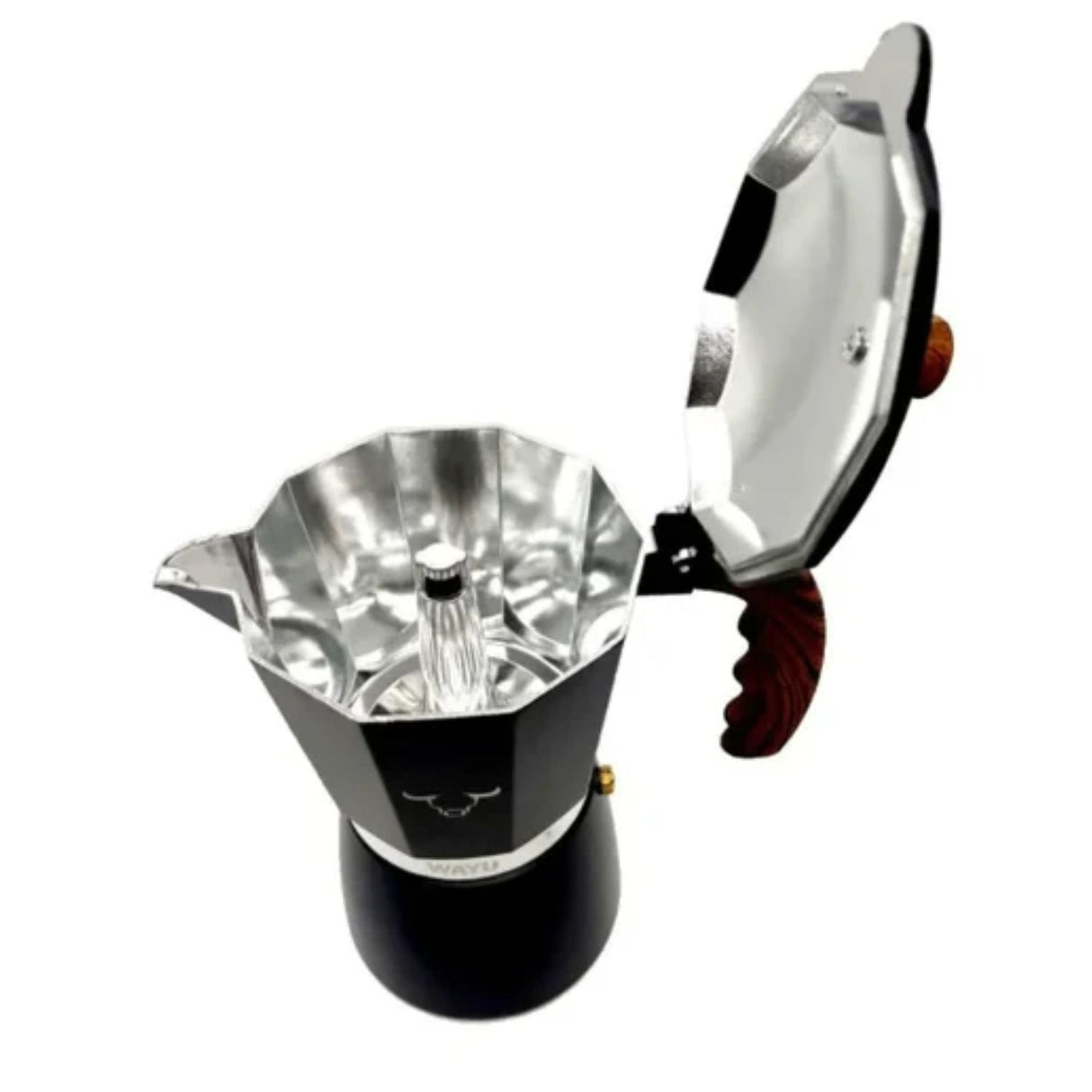 Cafetera Italiana Wayu de acero con mango de madera de acacia, ideal para preparar café en casa o al aire libre. Disponible en Disparo.cl-1