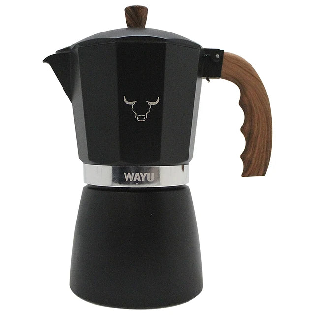 Cafetera Italiana Wayu de acero con mango de madera de acacia, ideal para preparar café en casa o al aire libre. Disponible en Disparo.cl-2