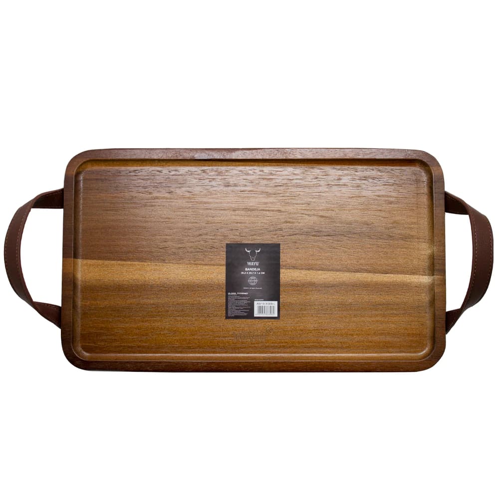 Bandeja Acacia con Asas de Cuero 35x21cm Asado Quincho Wayu. Elegancia y funcionalidad en una sola pieza. ¡Descubre su belleza y adquiere la tuya hoy!-1-1