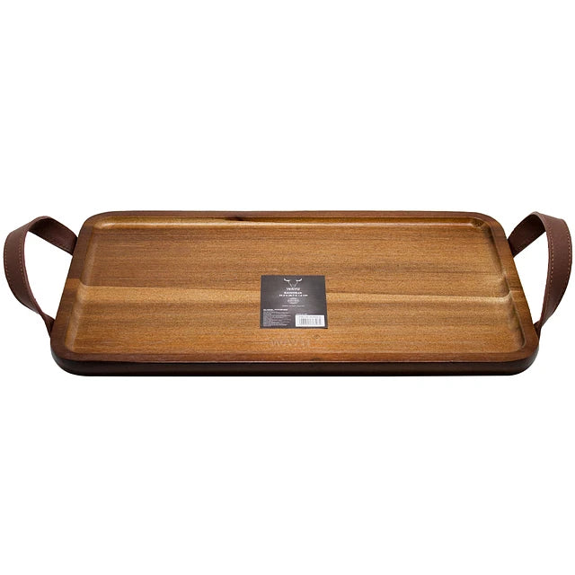 Bandeja Acacia con Asas de Cuero 35x21cm Asado Quincho Wayu. Elegancia y funcionalidad en una sola pieza. ¡Descubre su belleza y adquiere la tuya hoy!-1-2