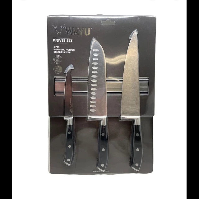 Set 4 Pzas Block Magnetico 3 Cuchillos Acero Inoxidable Cocina Wayu