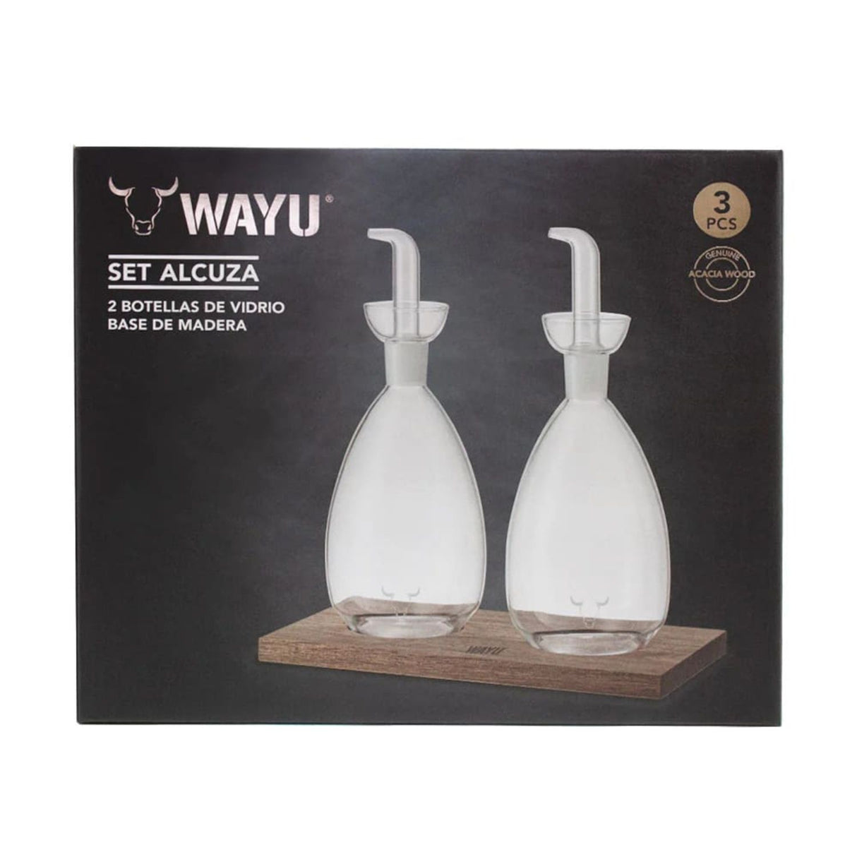 Set 2 Alcuza Vidrio Base Madera Wayu Cocina Accesorios