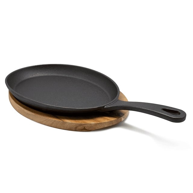 Sartén Fajita de fierro fundido negro, 27.5 cm, ideal para fajitas y carnes, con base de madera y resistente hasta 537°C.-1-2-1-1