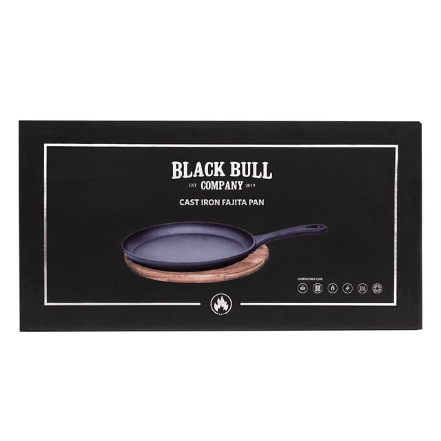 Sartén Fajita de fierro fundido negro, 27.5 cm, ideal para fajitas y carnes, con base de madera y resistente hasta 537°C.-1-3-1-1