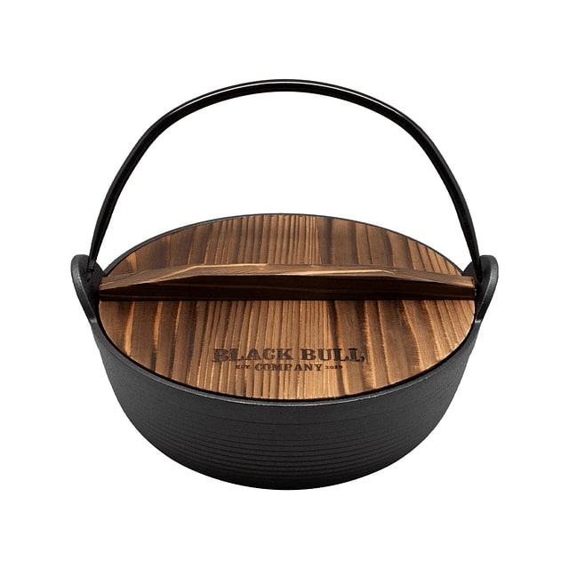 Olla de fierro fundido Black Bull de 25 cm, negra, con tapa de madera de acacia, ideal para guisos y estofados, resistente hasta 537°C.-1-2-1-1