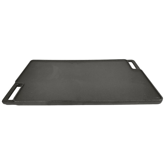 Plancha reversible de hierro fundido Black Bull, 45x25 cm, superficie lisa y estriada, ideal para pancakes y asados, resistente hasta 537°C.-2-2-1-1