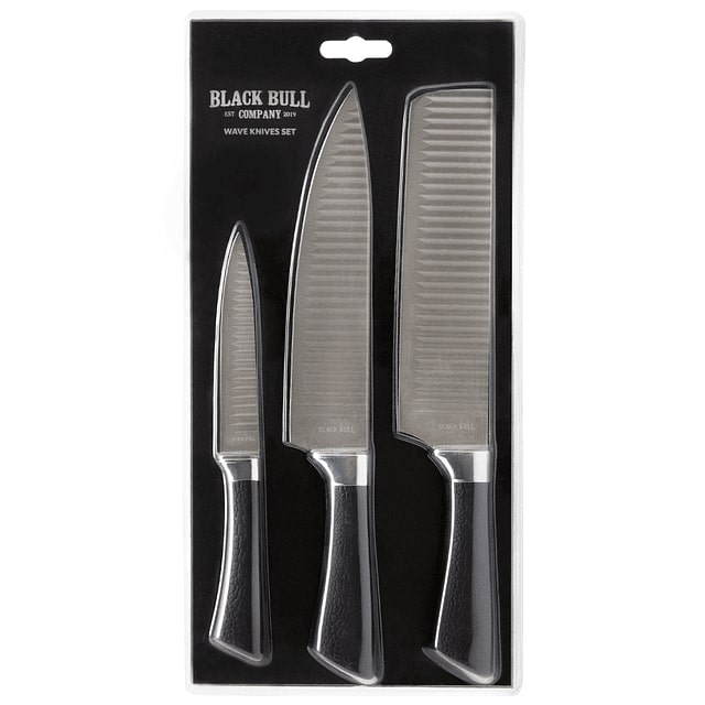 Set de 3 cuchillos Wave Black Bull en acero inoxidable, antiadherentes y ergonómicos, ideales para cortar y picar alimentos con precisión.-1-3-1-1
