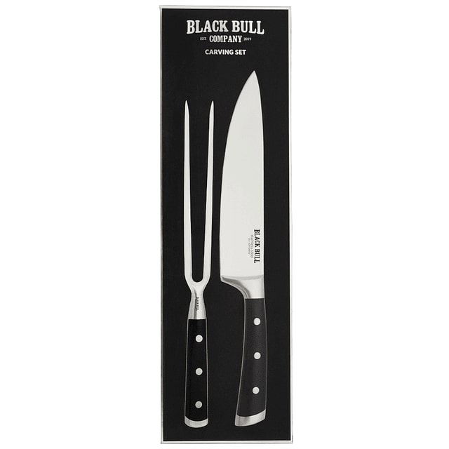 Set Carving Platinum Black Bull: cuchillo de acero inoxidable de 36 cm y tenedor de 32 cm, ideal para tallar y servir carnes con estilo.-1-3-1-1