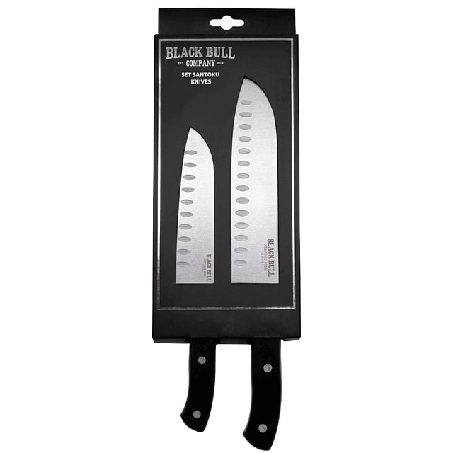 Set de cuchillos Santoku negro, acero inoxidable, 5 y 7", mango ergonómico, ideal para cortes precisos en cocina."-1-3-1-1