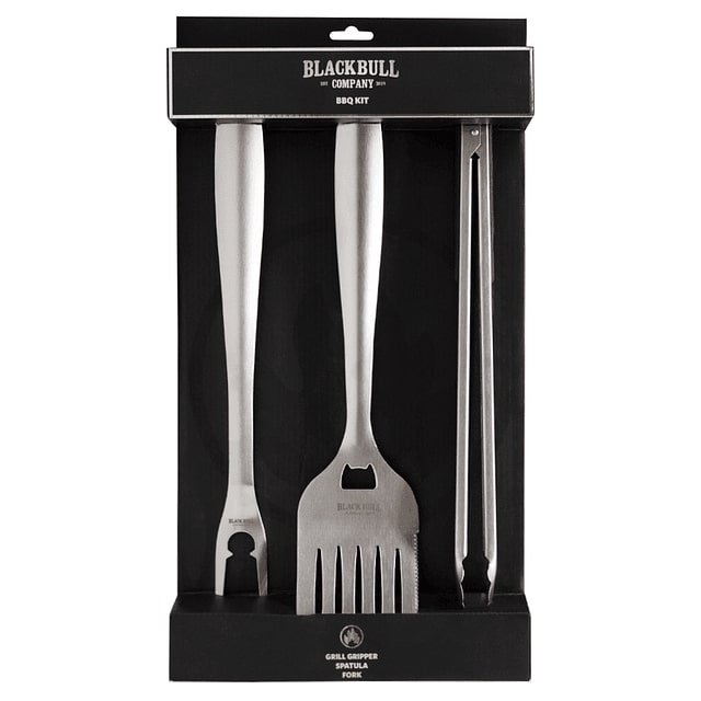 Set de BBQ Black Bull de 3 piezas en acero inoxidable, incluye espátula, pinza y tenedor con mango antideslizante para asados perfectos.-1-2-1-1