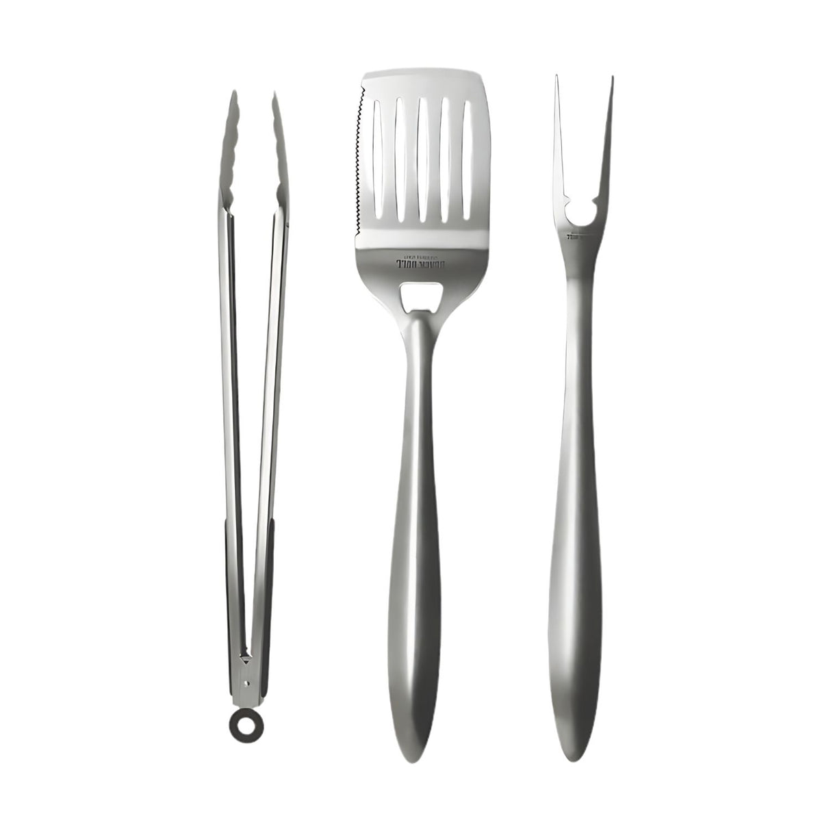 Set de BBQ Black Bull de 3 piezas en acero inoxidable, incluye espátula, pinza y tenedor con mango antideslizante para asados perfectos.-1-3-1-1