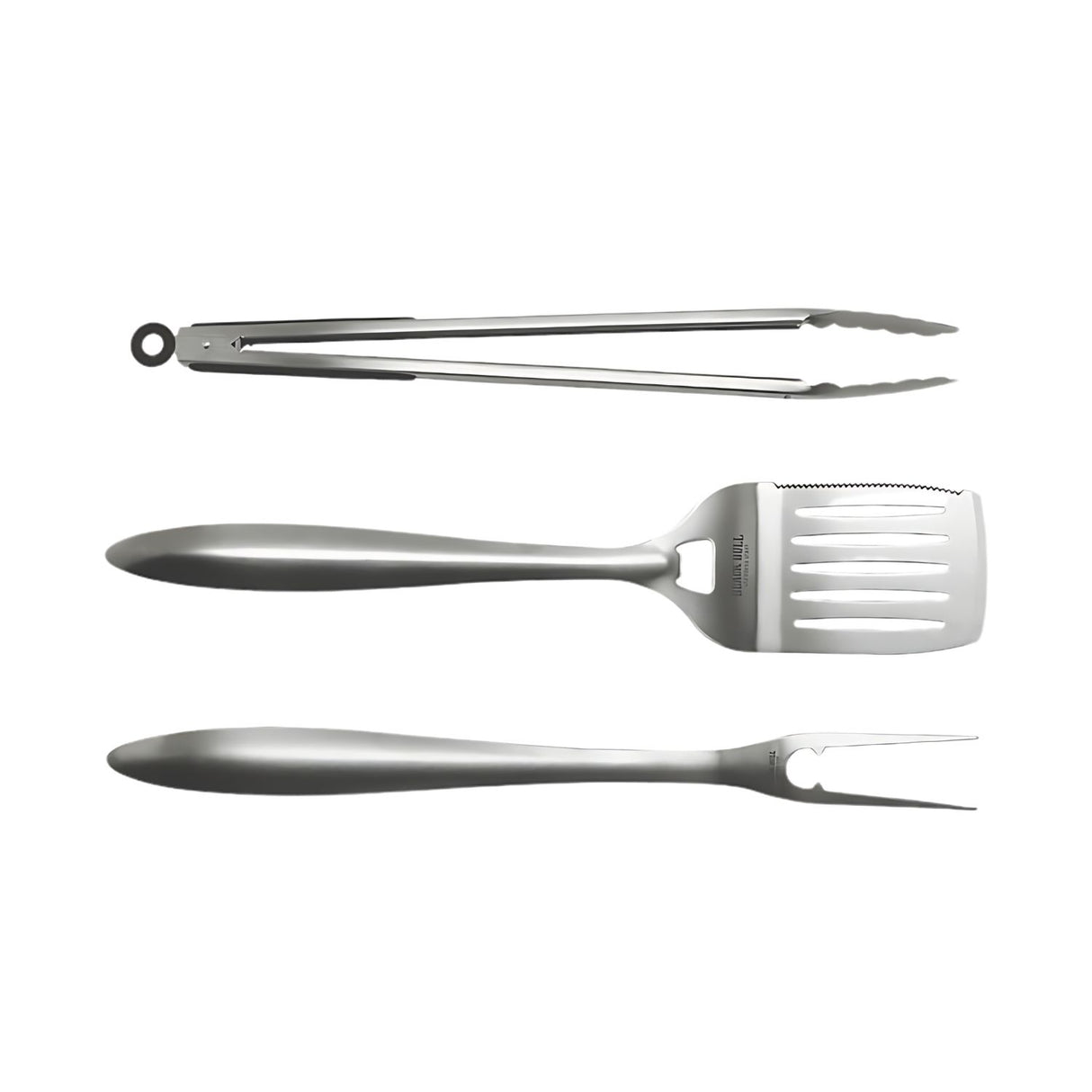 Set de BBQ Black Bull de 3 piezas en acero inoxidable, incluye espátula, pinza y tenedor con mango antideslizante para asados perfectos.-1-4-1-1