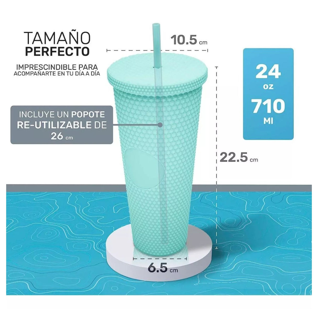 Vaso tumbler térmico turquesa de 710 ml, plástico resistente, tapa hermética y bombilla reutilizable para bebidas calientes y frías.-3-4-1-1
