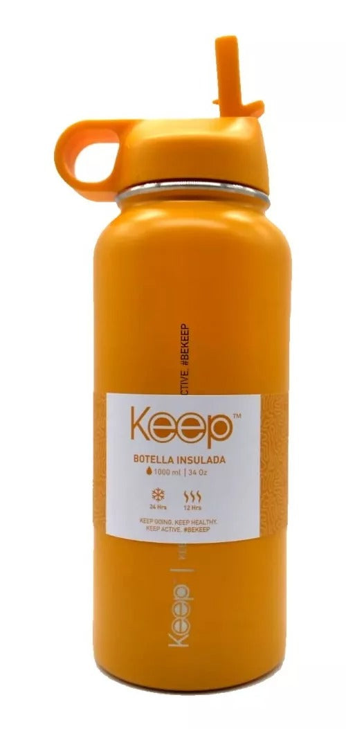 Botella Insulada Keep amarilla de 1 litro, fabricada en aluminio, mantiene bebidas frías por 24h y calientes por 12h, ideal para deporte y viajes.-1-2-1-1