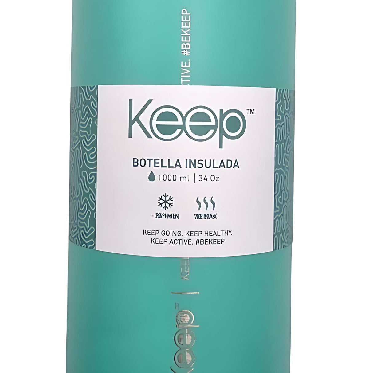 Botella Insulada Keep turquesa de 1 litro, fabricada en aluminio, mantiene bebidas frías por 24h y calientes por 12h, ideal para deporte y viajes.-3-2-1-1