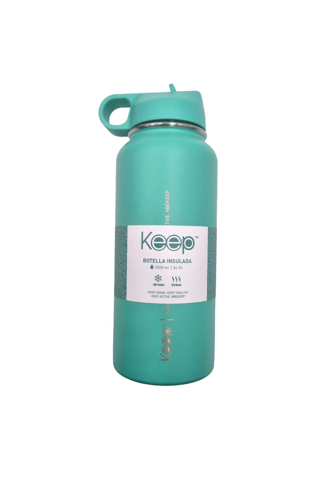 Botella Insulada Keep turquesa de 1 litro, fabricada en aluminio, mantiene bebidas frías por 24h y calientes por 12h, ideal para deporte y viajes.-3-3-1-1