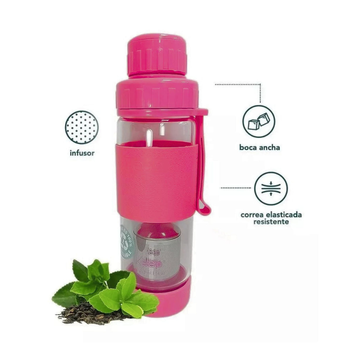 Botella de vidrio rosa con infusor para té y hierbas, 410ml, resistente y portátil, ideal para infusiones calientes y frías.-1-4-1-1