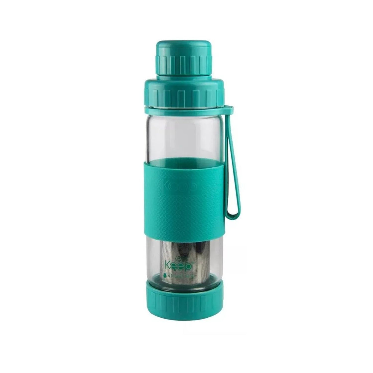Botella de vidrio turquesa de 410ml con infusor para té y hierbas, ideal para bebidas calientes y frías, diseño ergonómico y duradero.-1-1-1-1