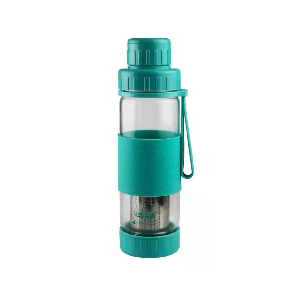 Botella de vidrio turquesa de 410ml con infusor para té y hierbas, ideal para bebidas calientes y frías, diseño ergonómico y duradero.-1-2-1-1