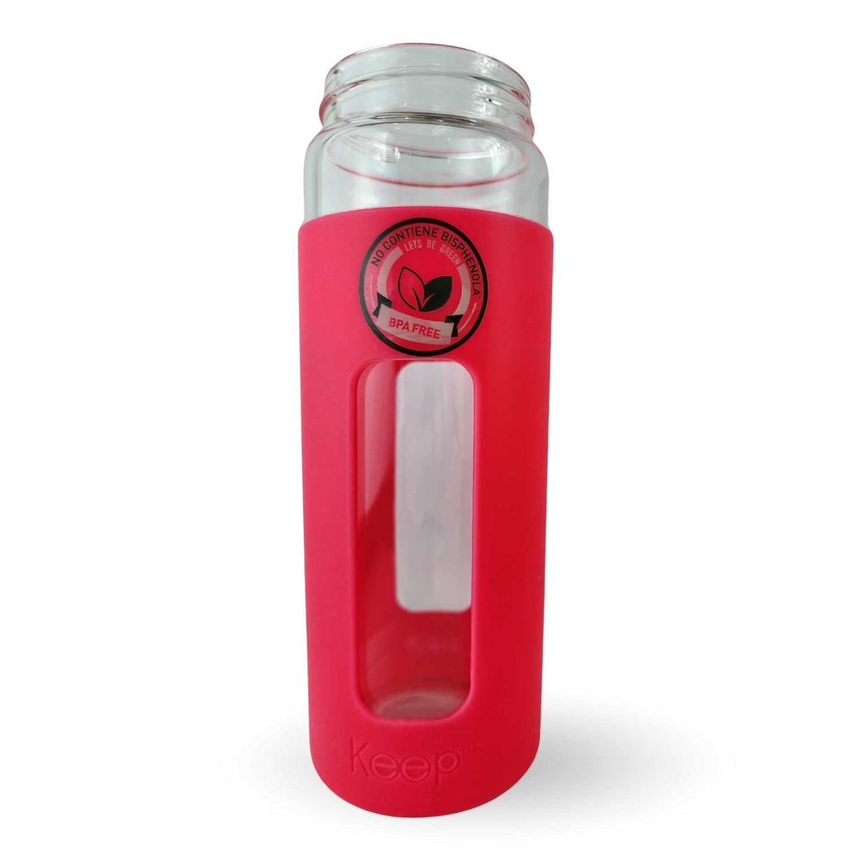 Botella Keep de vidrio templado 470ml con funda de silicona rosa, ideal para deportes y uso diario, resistente a golpes y temperaturas extremas.-1-3-1-1