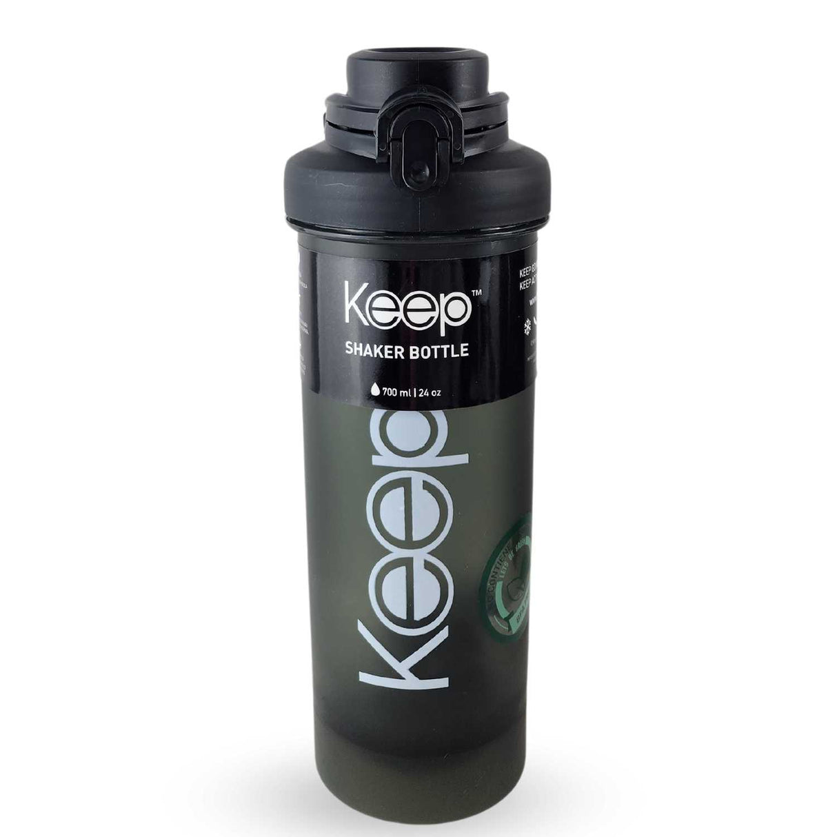 Botella Shaker Keep negra de 700 ml, hecha de plástico BPA-free, ideal para mezclar bebidas deportivas y mantenerte hidratado en el gimnasio.-1-1-1-1