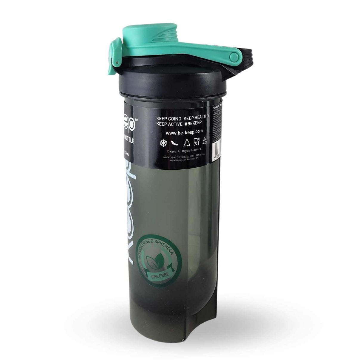 Botella Shaker Keep turquesa de 700 ml, plástico BPA-free, tapa hermética y diseño ergonómico, ideal para gimnasio y actividades al aire libre.-1-3-1-1