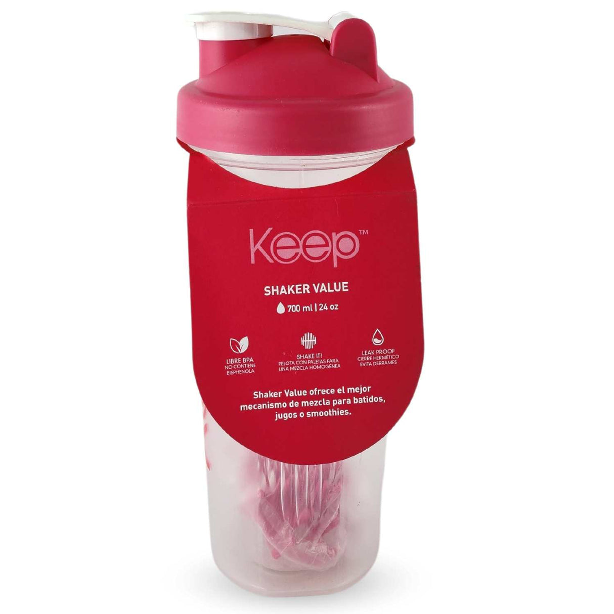 Botella Keep Shaker Value 700ml rosa, fabricada en plástico BPA-free, ideal para mezclar proteínas y agua, con tapa hermética anti-derrame.-1-2-1-1