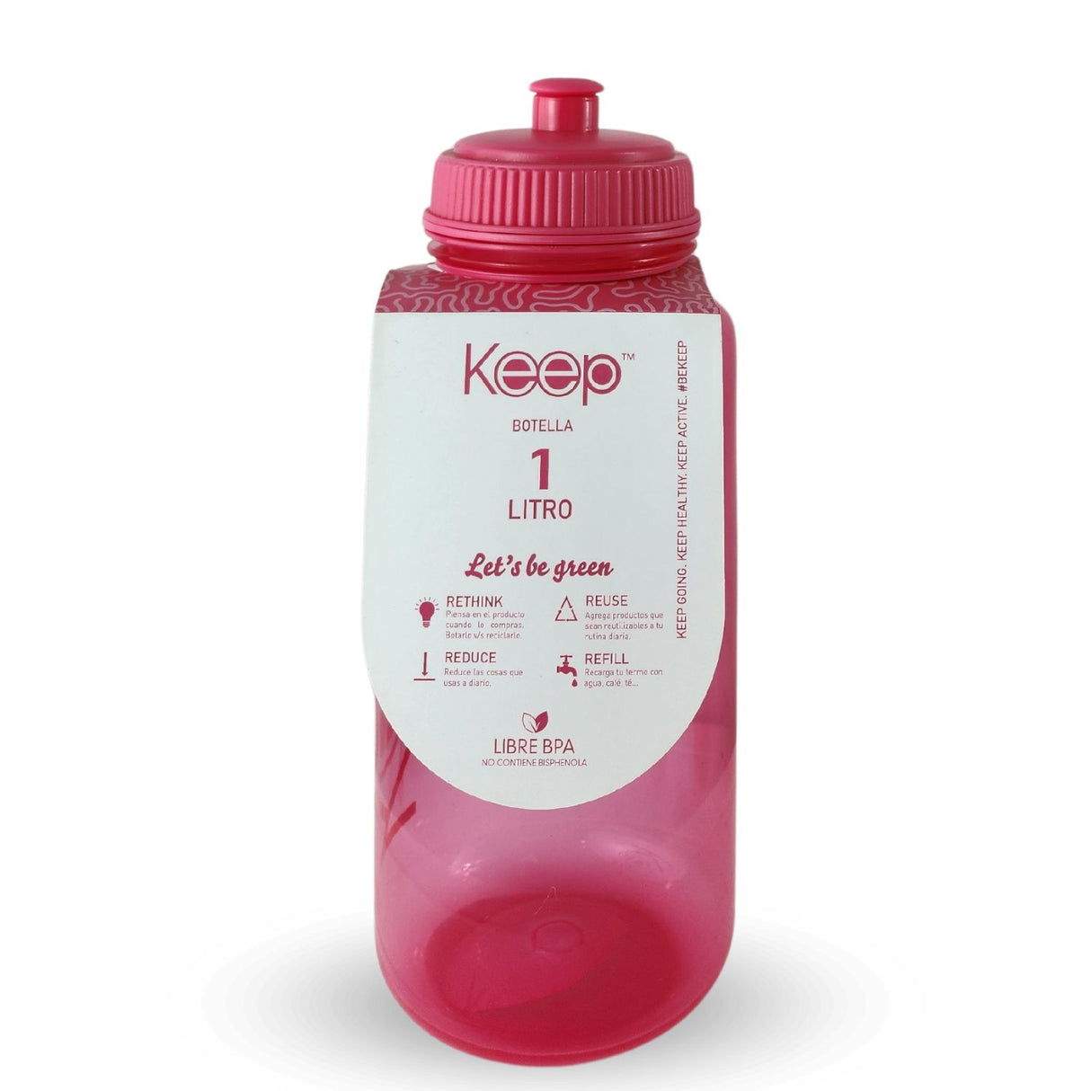 Botella deportiva rosa de 1 litro, fabricada en plástico libre de BPA, con boquilla rebatible y marcador de ml para una hidratación eficiente.-1-2-1-1