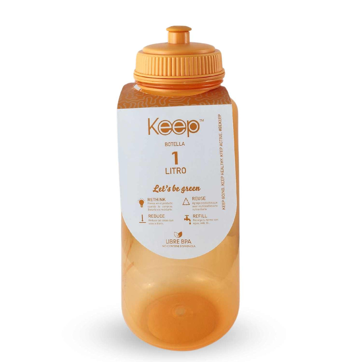 Botella deportiva Keep de 1 litro, color naranja, plástico BPA-free, con boquilla rebatible y marcador de ml, ideal para hidratación en ejercicio.-1-2-1-1