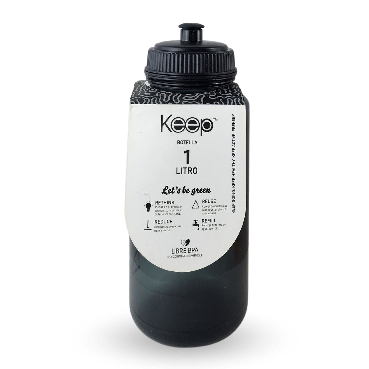 Botella de agua deportiva negra de 1 litro, fabricada en plástico BPA-free, con boquilla rebatible y marcador de ml para hidratación eficiente.-1-2-1-1