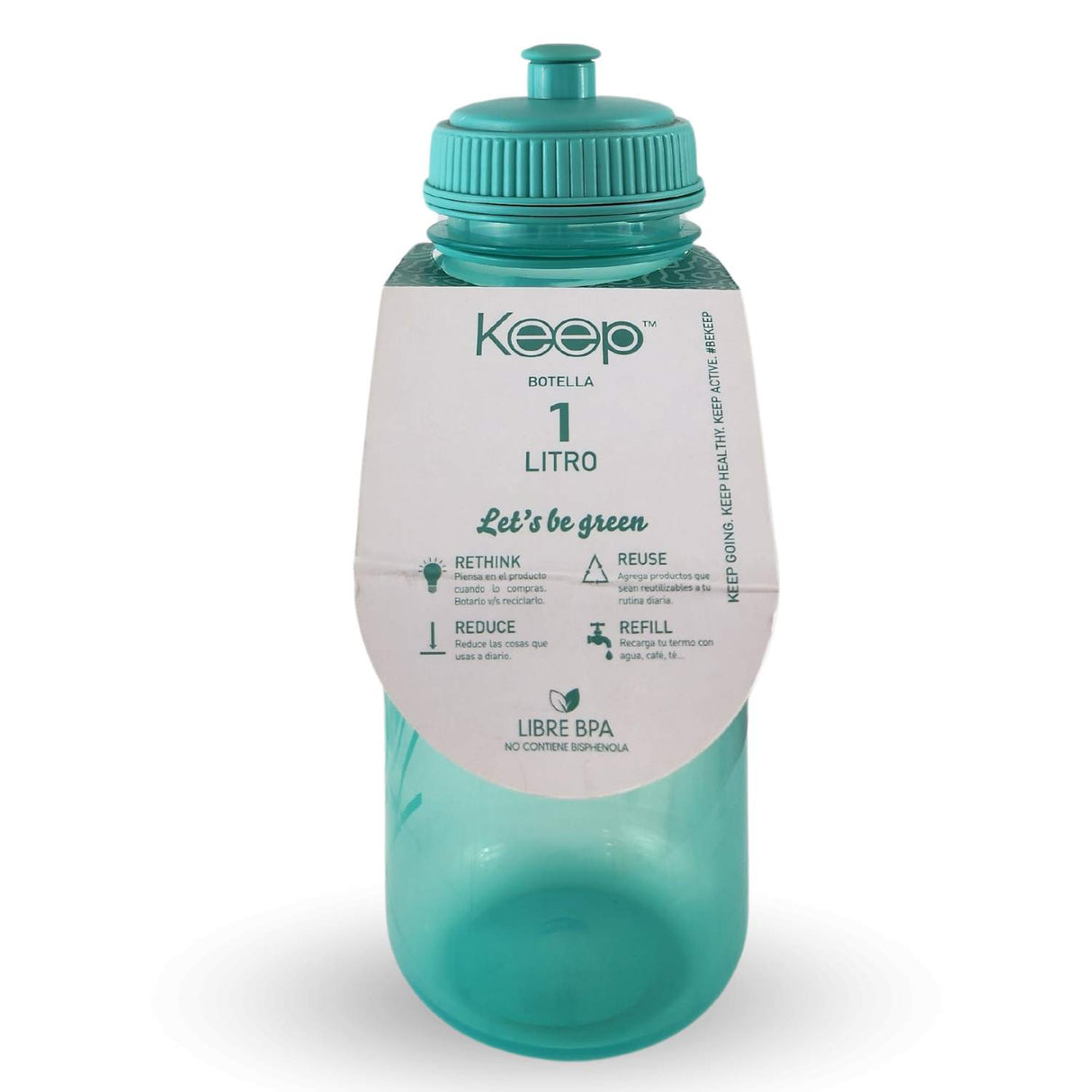 Botella Keep 1L turquesa, plástico BPA-free, boquilla rebatible, ideal para deportistas y actividades al aire libre.-1-2-1-1