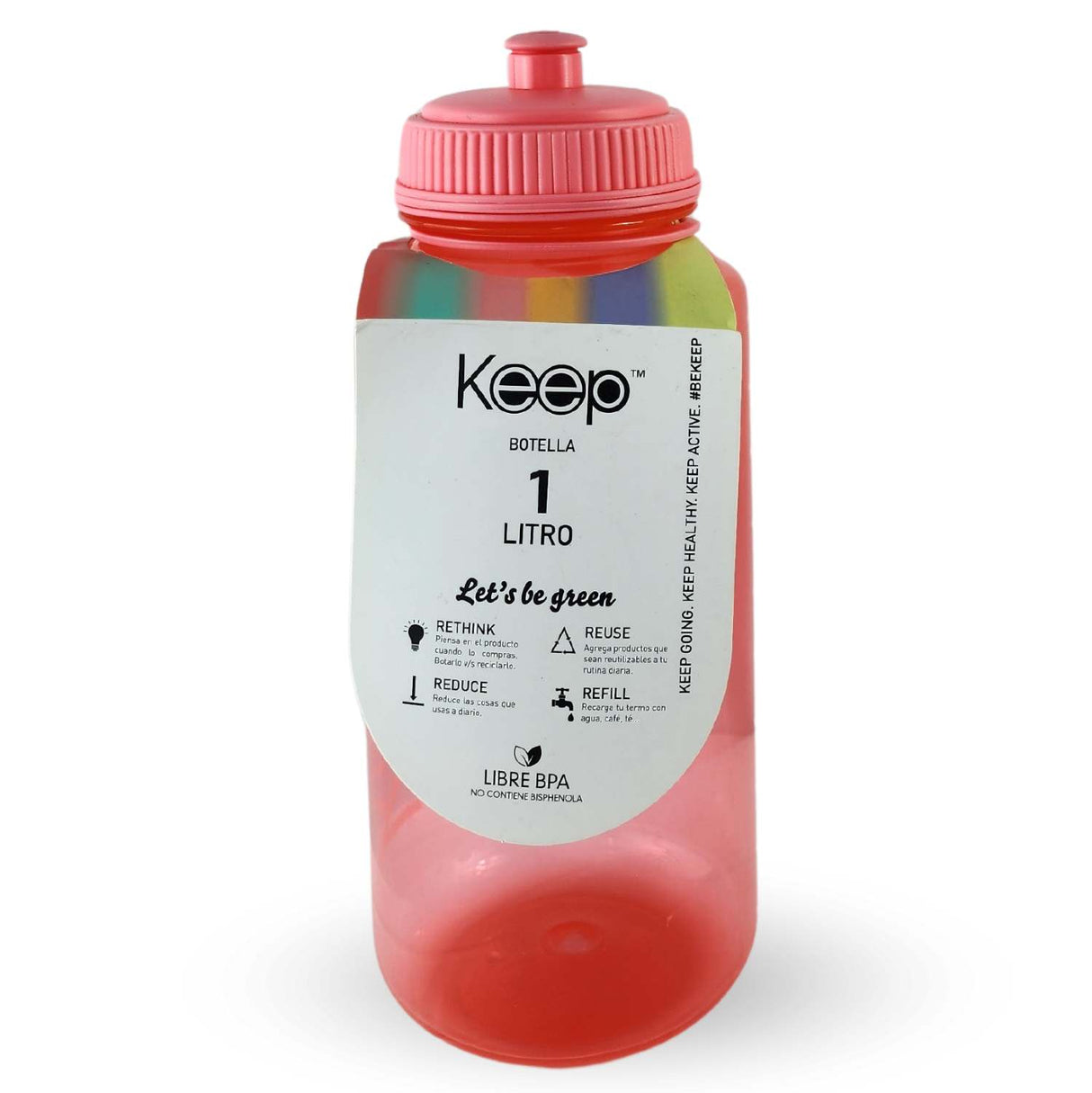 Botella Keep 1L coral, de plástico BPA-free, con boquilla rebatible y marcador de ml, ideal para deportistas y uso diario.-2-3-1-1