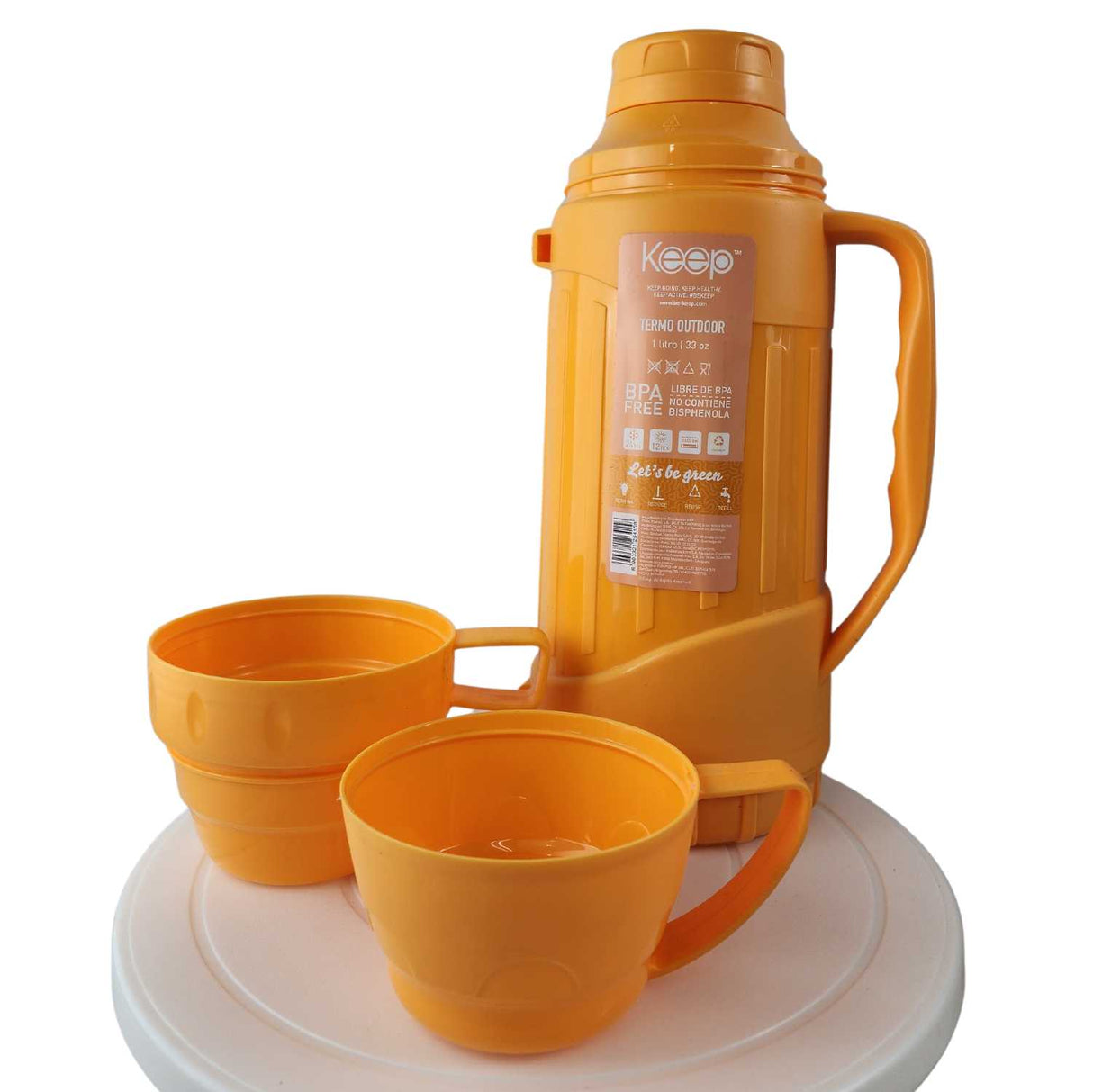 Termo Keep 1.8L naranja de acero inoxidable, ideal para camping y senderismo, mantiene bebidas frías o calientes hasta 12 horas.-1-4-1-1