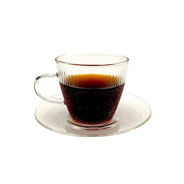 Set de 4 tazas de vidrio transparente para espresso de 110ml con platillos, elegante y resistente, ideal para uso diario y ocasiones especiales.-5-2-1-1