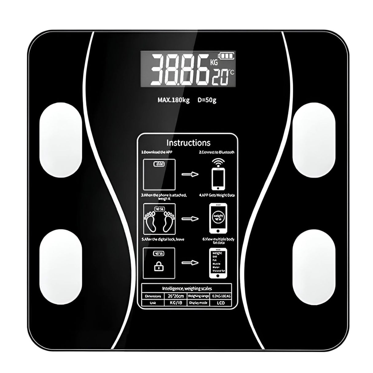 Balanza Digital Inteligente Bluetooth 180 kg color negro. Mide peso con precisión y se conecta a tu smartphone. ¡Monitorea tu progreso fácilmente!-1-1