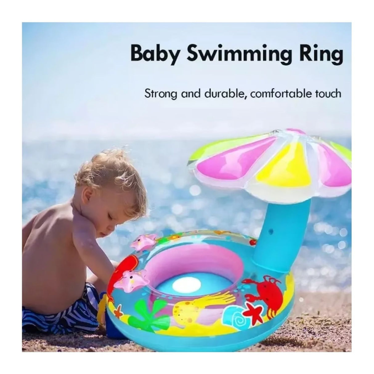 Asiento Bebé Salvavidas Inflable Flotador Azul Sombrilla. Seguro y portátil, ideal para piscinas y playas. ¡Consíguelo ahora!-1-2