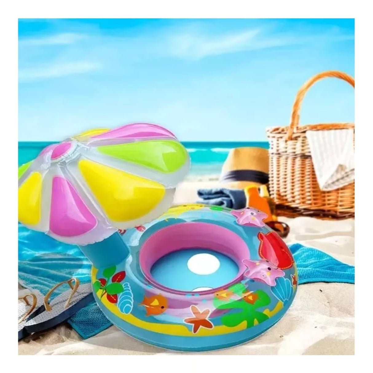 Asiento Bebé Salvavidas Inflable Flotador Azul Sombrilla. Seguro y portátil, ideal para piscinas y playas. ¡Consíguelo ahora!-1-3